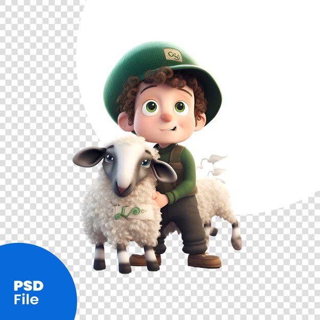 PSD renderização 3d de um menino vestido como um duende com ovelha modelo psd