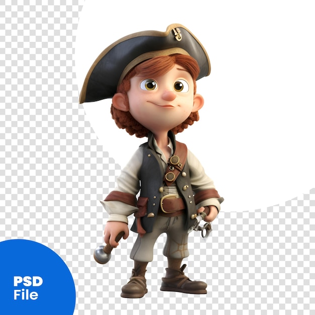 PSD renderização 3d de um menino vestido como um pirata isolado em um modelo psd de fundo branco
