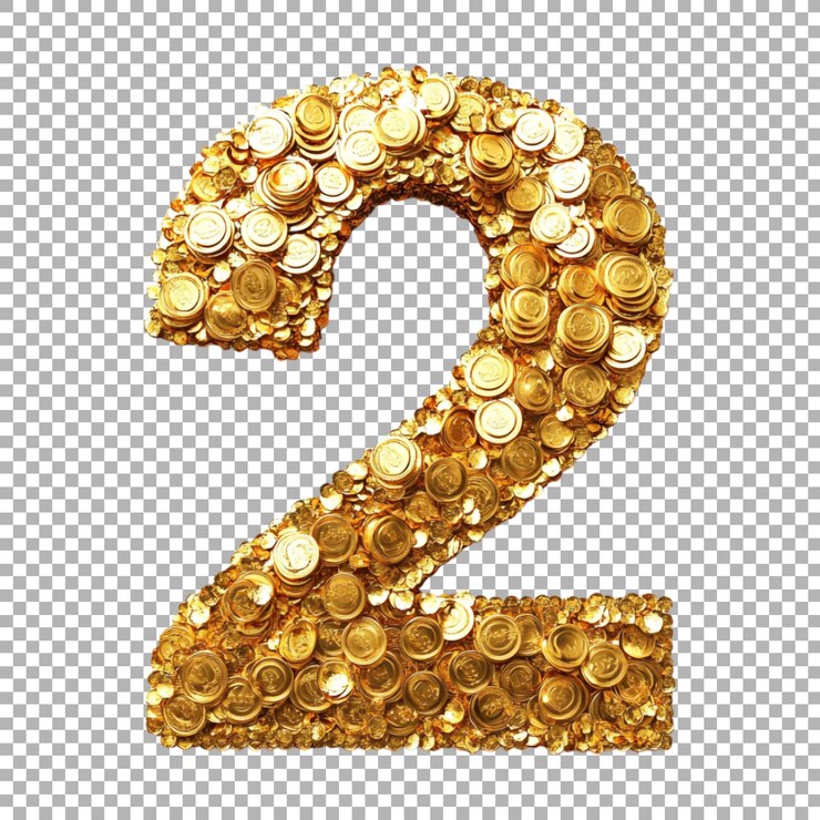 PSD renderização 3d de um número alfabético 2 feito com moedas de ouro em fundo transparente