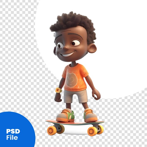 Renderização 3d de um pequeno menino afro-americano skateboarder modelo psd