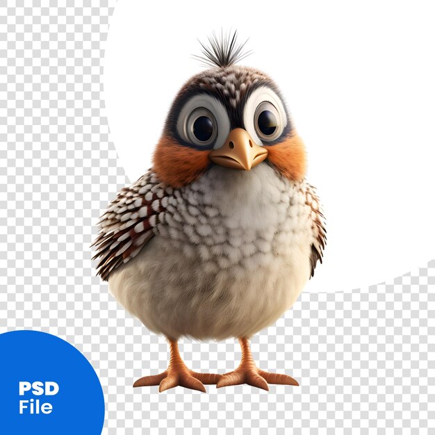 PSD renderização 3d de um pequeno pássaro bonito isolado em um modelo psd de fundo branco