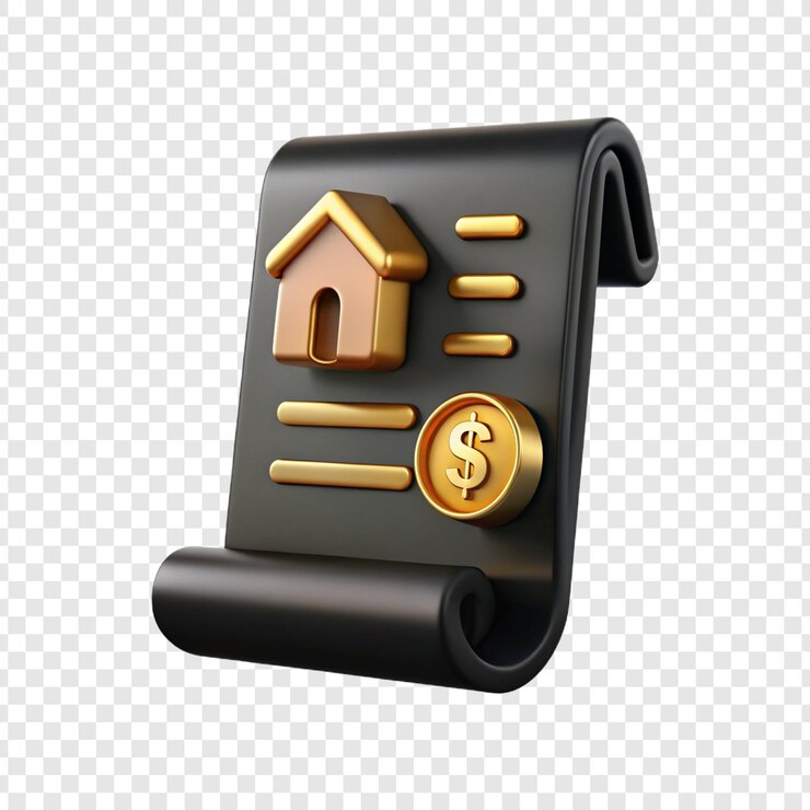 PSD renderização 3d de um pergaminho preto com ícones de casa de ouro e sinal de dólar