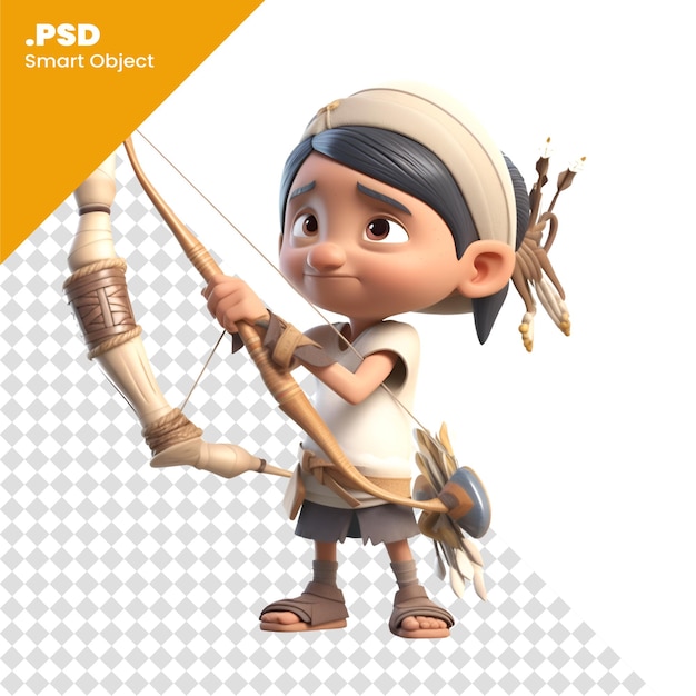PSD renderização 3d de um personagem de desenho animado com arco e flecha. modelo psd