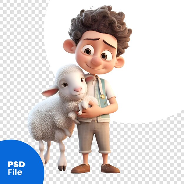 PSD renderização 3d de um personagem de desenho animado com ovelhas e um template psd de menino