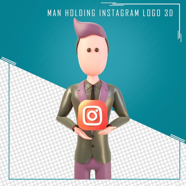 PSD renderização 3d de um personagem segurando o logotipo do instagram