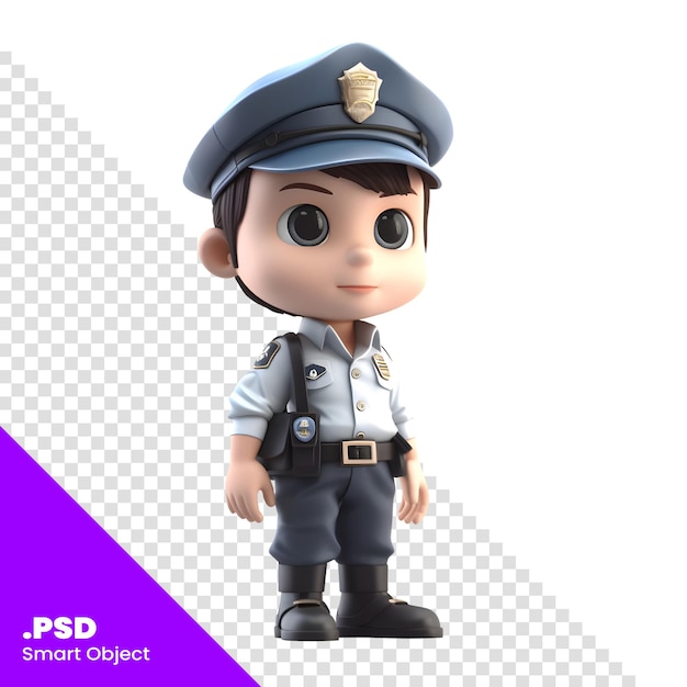 PSD renderização 3d de um policial menino com um modelo psd de boné da polícia