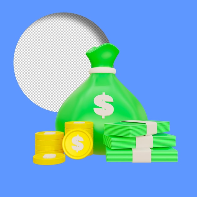 Renderização 3D de um saco de dinheiro com moedas
