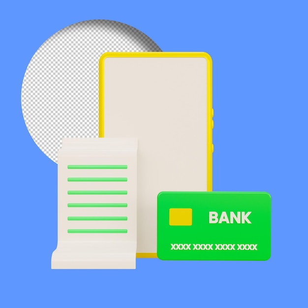 Renderização 3D de um telefone celular com uma fatura de papel e cartão de crédito Mobile Banking Online Transaction C