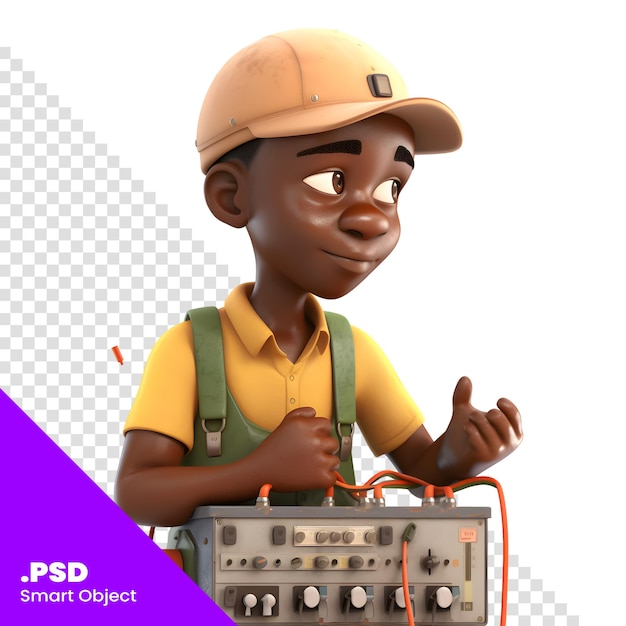 Renderização 3d de um trabalhador afro-americano com um modelo de psd de fonte de alimentação