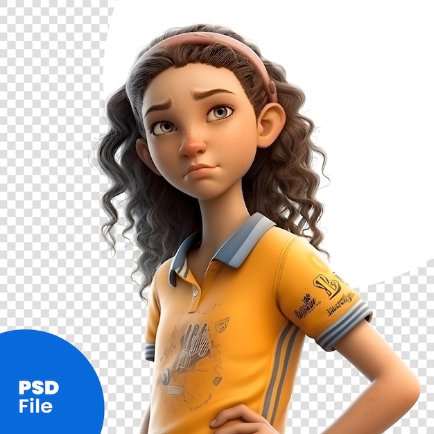 Renderização 3d de uma adolescente com cabelos cacheados isolada em fundo branco modelo psd