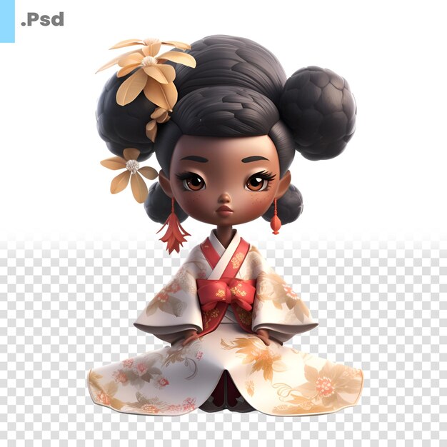 PSD renderização 3d de uma boneca geisha japonesa isolada em um modelo psd de fundo branco