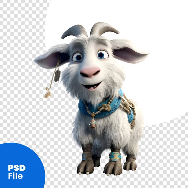 Renderização 3d de uma cabra de desenho animado com um modelo psd de colares azuis