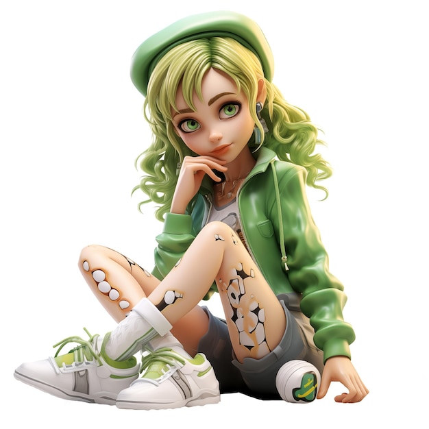 PSD renderização 3d de uma garota bonita de desenho animado com cabelos verdes sentada no chão