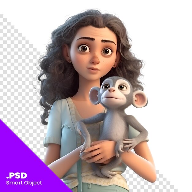 PSD renderização 3d de uma garota de desenho animado bonita com um macaco isolado em um modelo psd de fundo branco