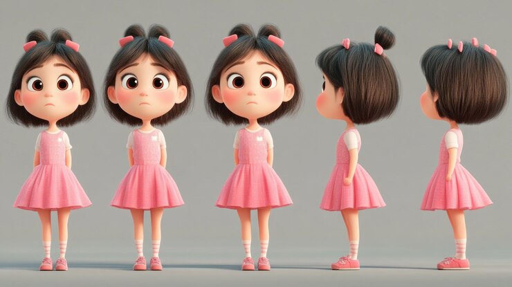 PSD renderização 3d de uma garota de desenho animado bonita em um vestido rosa mostrada de vários ângulos