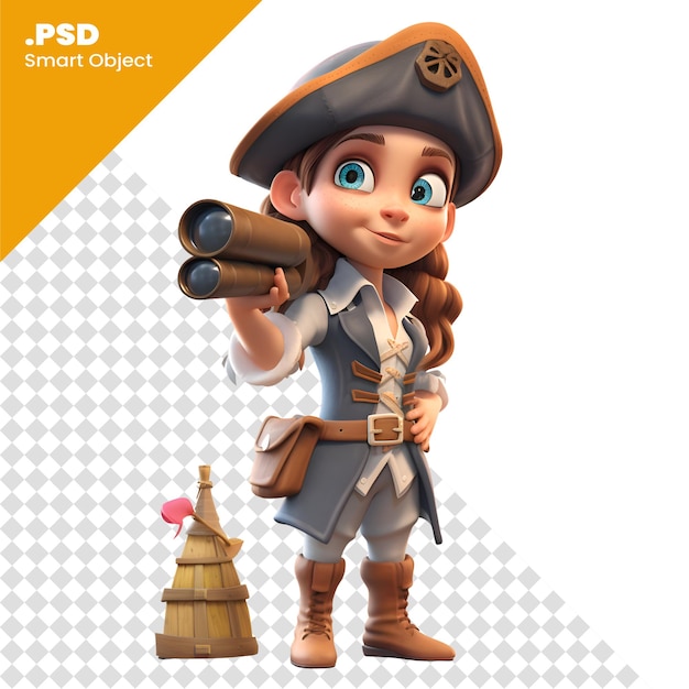 PSD renderização 3d de uma garota pirata com chapéu e binóculos modelo psd