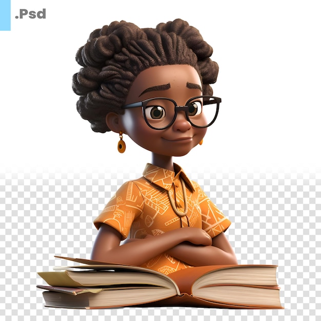 PSD renderização 3d de uma garotinha afro-americana com óculos lendo um livro modelo psd