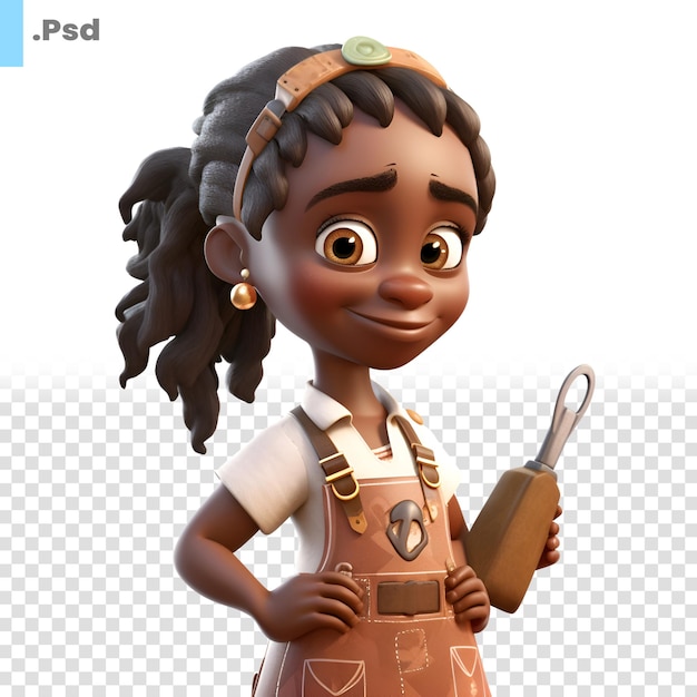 PSD renderização 3d de uma garotinha afro-americana com um modelo psd de utensílios de cozinha