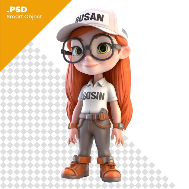 PSD renderização 3d de uma garotinha ruiva com boné e óculos modelo psd