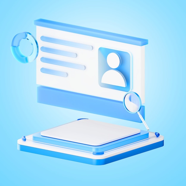 Renderização 3D de uma interface de perfil de usuário com elementos analíticos e de visualização de dados