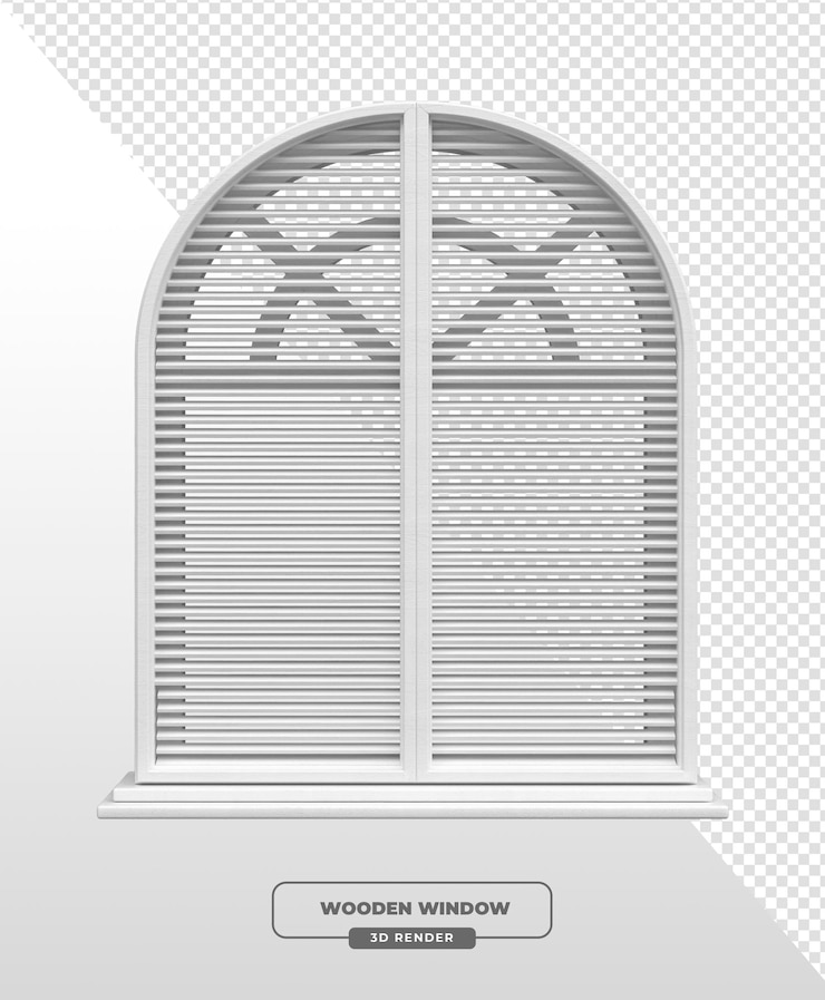 PSD renderização 3d de uma janela arqueada de madeira branca com persianas