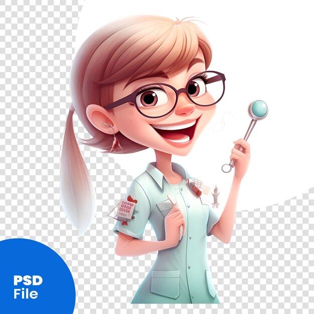 Renderização 3d de uma linda garota de desenho animado segurando uma lupa modelo psd