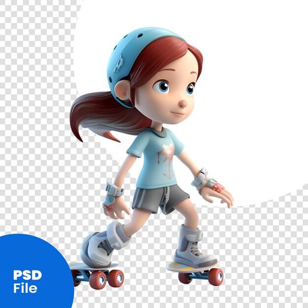 PSD renderização 3d de uma linda garotinha em modelo psd de patins