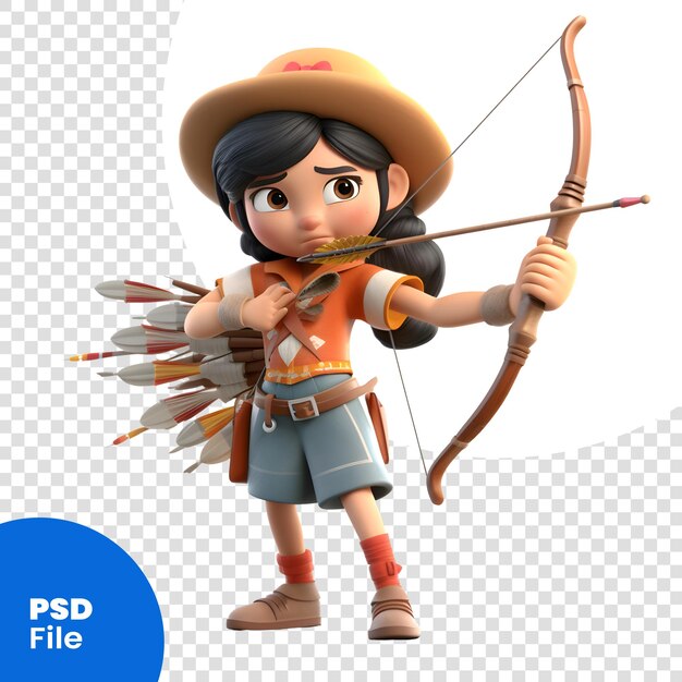 PSD renderização 3d de uma linda menina com modelo psd de arco e flecha