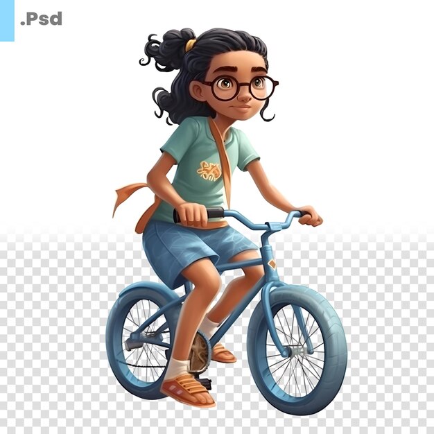 Renderização 3d de uma menina andando de bicicleta isolada em um modelo psd de fundo branco