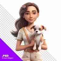 PSD renderização 3d de uma menina bonita com um cachorro em um padrão psd de fundo branco