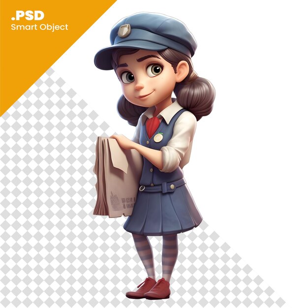 Renderização 3d de uma menina com boné e uniforme com molde psd de saco