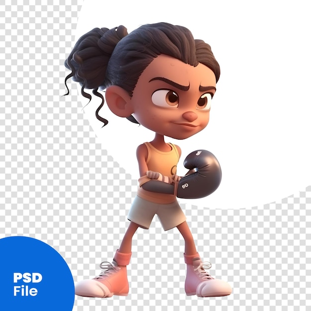 PSD renderização 3d de uma menina com luvas de boxe em um padrão psd de fundo branco