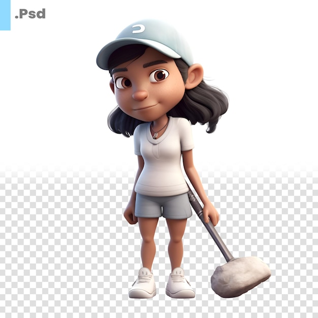 PSD renderização 3d de uma menina com taco de beisebol em fundo branco modelo psd