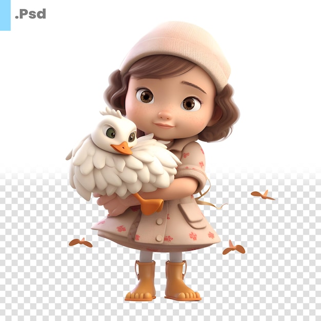 PSD renderização 3d de uma menina com um modelo psd cute white owl