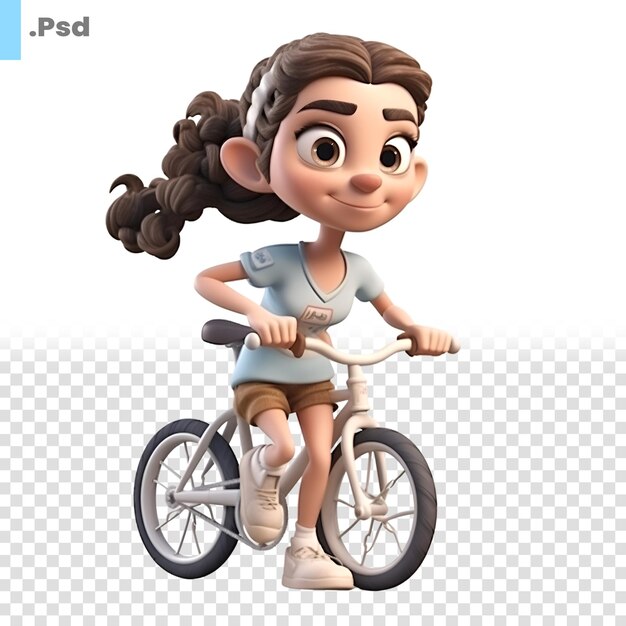 PSD renderização 3d de uma menina com uma bicicleta isolada em um modelo psd de fundo branco