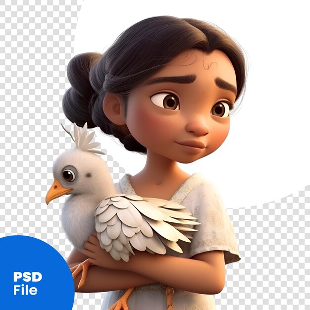 PSD renderização 3d de uma menina com uma galinha em seus braços modelo psd