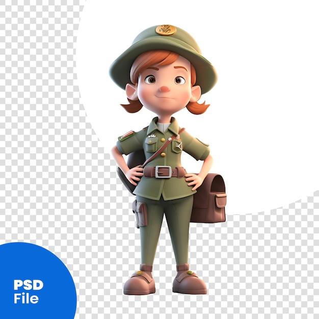 PSD renderização 3d de uma menina com uniforme do exército da segunda guerra mundial isolada em modelo psd de fundo branco