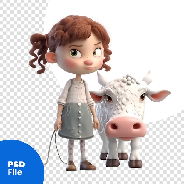 PSD renderização 3d de uma menina e uma vaca isoladas em um modelo psd de fundo branco