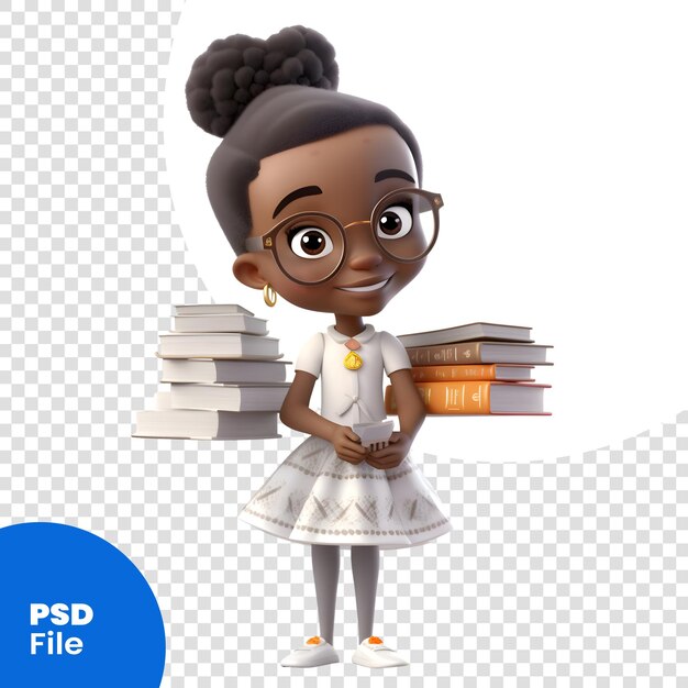 PSD renderização 3d de uma menina negra com livros em fundo branco modelo psd