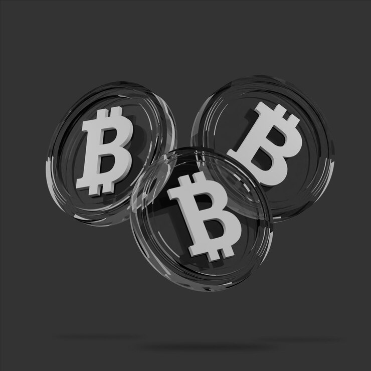 Renderização 3D de uma moeda de bitcoin de vidro