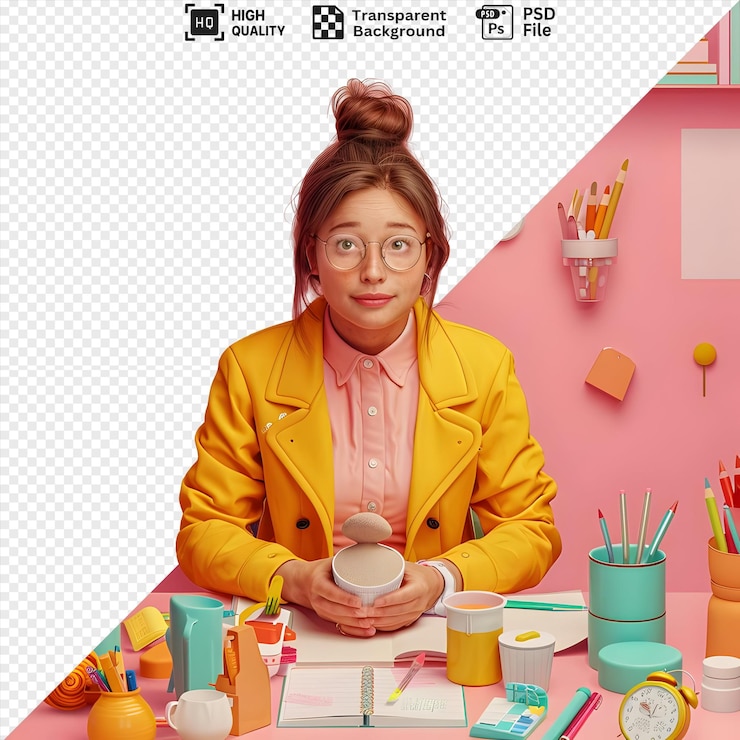 PSD renderização 3d de uma mulher sentada em uma mesa segurando uma xícara em um cenário colorido e divertido isolado em um fundo transparente