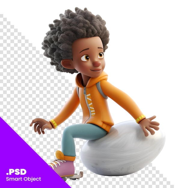 Renderização 3d de uma pequena garota afro-americana skateboarder modelo psd