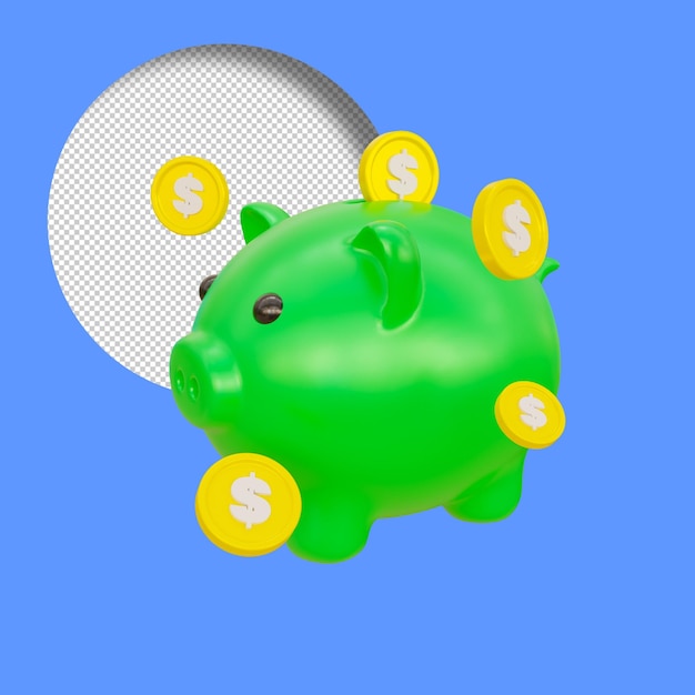 Renderização 3D de uma poupança de porco com moeda