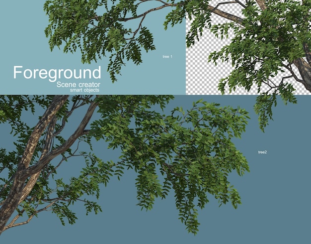 Renderização 3D de várias árvores em primeiro plano