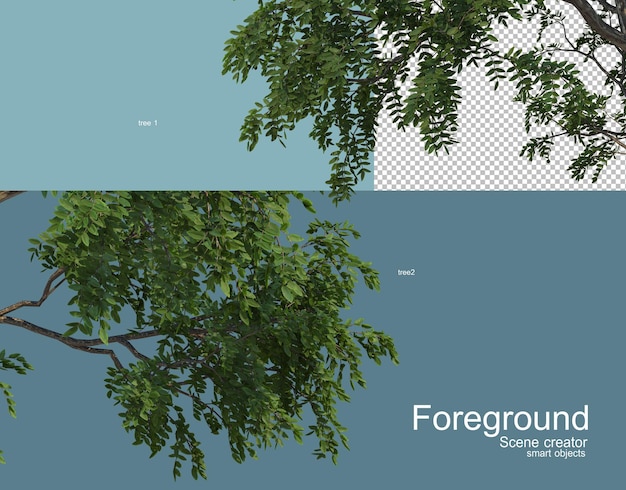 Renderização 3D de várias árvores em primeiro plano