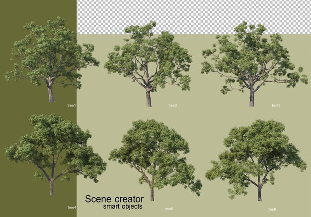 Renderização 3D de várias árvores isoladas