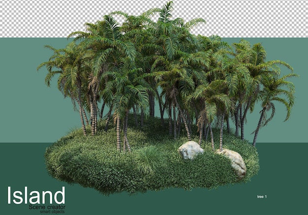 Renderização 3d de vários tipos de árvores na ilha