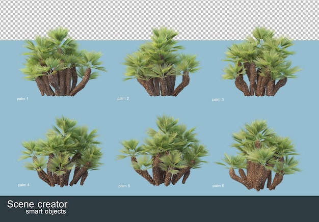 Renderização 3d de vários tipos de palmeiras