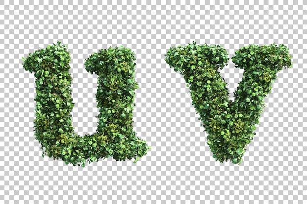 Renderização 3d do alfabeto em minúsculas jardim vertical u e alfabeto v