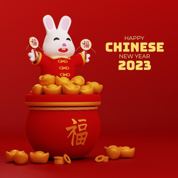 Renderização 3d do ano novo chinês 2023 com fundo de coelho feliz